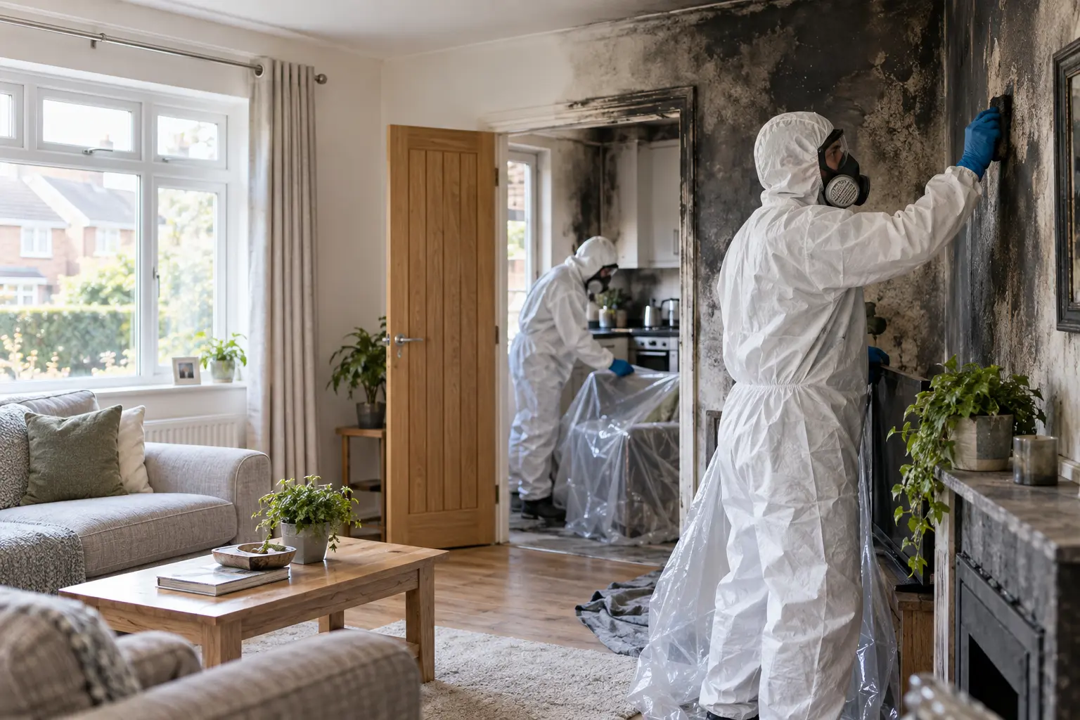 Fire restoration technician assessing a fire-damaged room